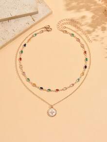 2pcs/Set Chic Luxury Style Dual-Layer Necklace, Fashion Versatile Colorful Oval Crystal Pendant & Cross Circular Charm Necklace, Suitable For Daily Wear, Beach, Date, Party, Music Festival, Chain Length Customizable, Random Crystal Color - Multicolor - View 2