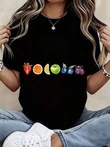 Casual Fruit Print T-Shirt, Women's Graphic Tee, Short Sleeve Casual Top, Summer Fashion, Fruit Print T-Shirt, 100% Cotton, Durable - 黑色 - 查看 2