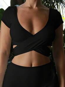 Women's Ribbed Reversible Crop Top Tie Front  Square Neck Two-Way Wearable Short Sleeve Top For Casual Summer - 黑色 - 查看 2