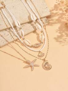 4pcs/Set Beach Vacation Ocean Style Multilayer Necklace, Shell, Conch, Starfish & Faux Pearl Decor Gold Tone Jewelry For Women, Suitable For Daily Wear, Summer Vacation, Date, Party, Music Festival - Multicolor - View 3