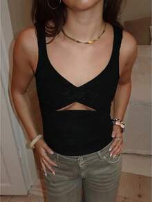 Solid Color Cutout Form Fitting Tank Top For Women Sleeveless V Neck Textured Bodycon Cami - Black - View 1