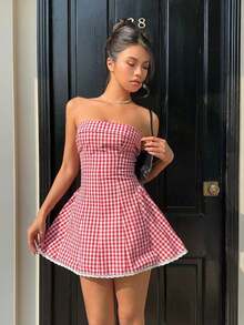 Vestido corto de vacaciones para mujer, de cintura ceñida y volante con estampado vintage a cuadros rojos y blancos - Azul y blanco - Ver 10
