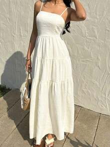 Vestido con escote de tubo plisado de tela texturizada color melocotón claro, con tirantes finos, cintura suelta, estilo relajado para vacaciones - Albaricoque - Ver 3