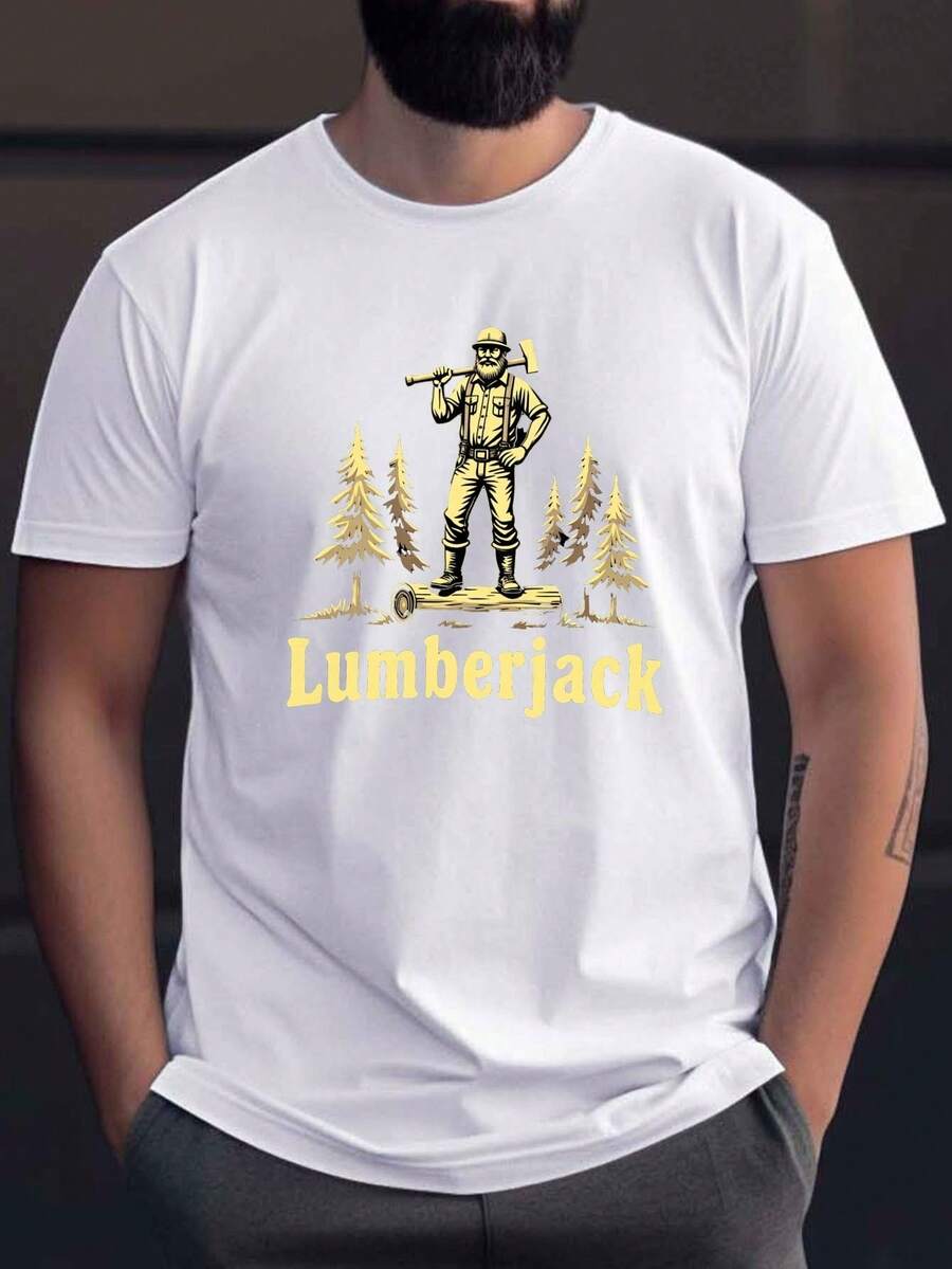 Love You Gift,Men's Casual Lumberjack Graphic T-Shirt - Short Sleeve Summer Tee with Logging Design, White Cotton Blend, Round Neck, Machine Washable, outdoor apparel | Casual Style | Smooth Fabric - Weiss - Übersicht 1