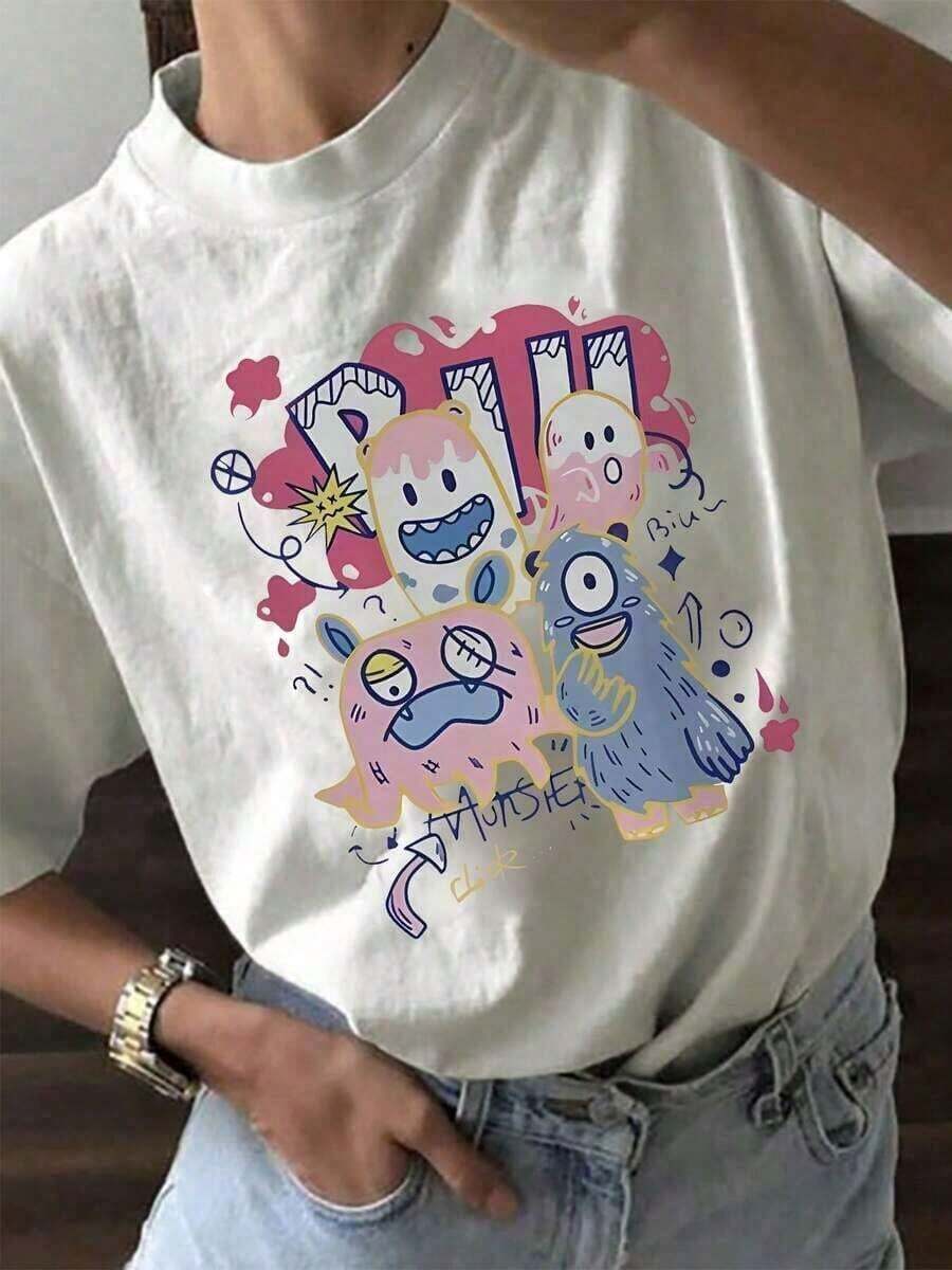 Top de verano para mujer estilo Y2K, lindo y divertido. Camiseta de Mujer con Estampado de Letras de Dibujos Animados y Lindas Ilustraciones de Monstruos Estilo Graffiti. Adecuado para diversas ocasiones, como regalo para festivales, cumpleaños, festivales de música, Día de la Madre, Pascua, temporada de graduación, casual y versátil, cómodo, para vacaciones en la playa, sencillo y a la moda, adecuado para el uso diario de mujeres y niñas. 2026, Ropa de Verano para Mujer - Alta Calidad - Blanco - Ver 1