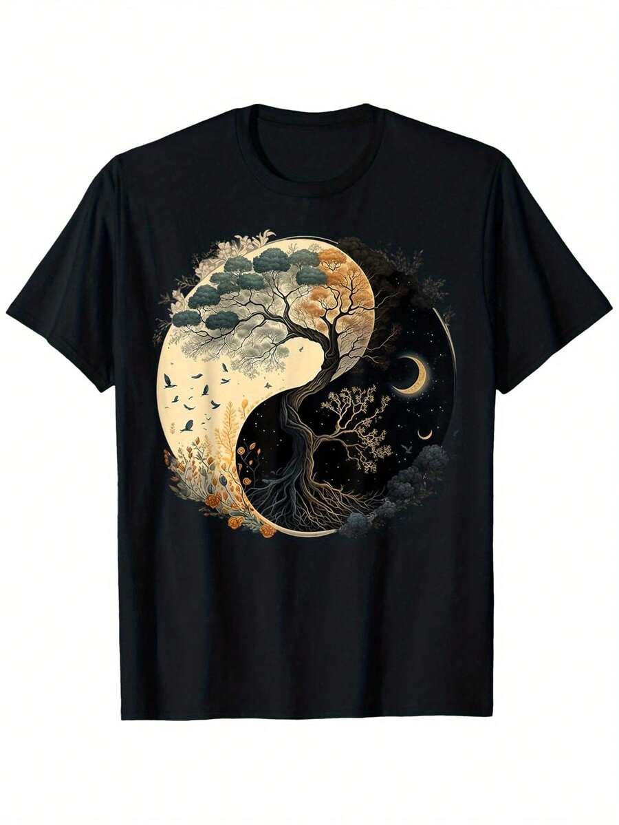 Camiseta Unisex de Manga Corta Negra de Algodón con Cuello Redondo y Diseño Doble de Sol y Luna del Árbol de la Vida Yin-Yang - Negro - Ver 1