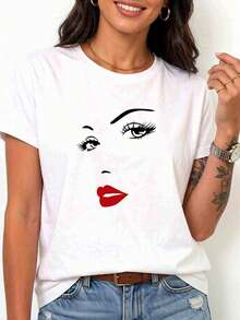 Camiseta blanca de manga corta para mujer con un diseño sexy de labios rojos, que muestra un estilo elegante - Blanco - Ver 6