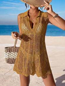 Cubre vestido de punto calado de unicolor para mujer, para el verano - Camel - Ver 3