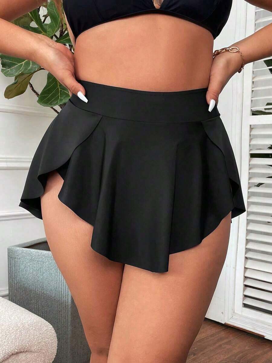 Falda de baño de unicolor para mujer de talla grande, adecuada para vacaciones de verano - Negro - Ver 1