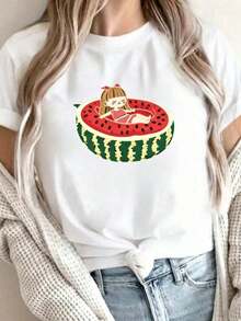 ModaNUEVA |   1 Playera para Mujer 100% Algodón Transpirable | Camiseta gráfica de sandía amarilla brillante para mujeres - Casual de manga corta y cuello redondo, lavable a máquina, perfecta para vacaciones de primavera/verano y diversión al aire libre - Ideal para el verano-Vintage Street Style Unisex Loose Cotton Short Sleeve Crew Neck T-Shirt - Blanco - Ver 7