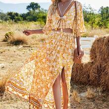 Vestido de mujer color azul con estampado floral tropical, escote en V profundo, manga media con cinturón, falda larga con abertura lateral, tejido ligero ideal para verano, estilo boho playero perfecto para vacaciones, fiestas en la playa y festivales - Amarillo - Ver 5