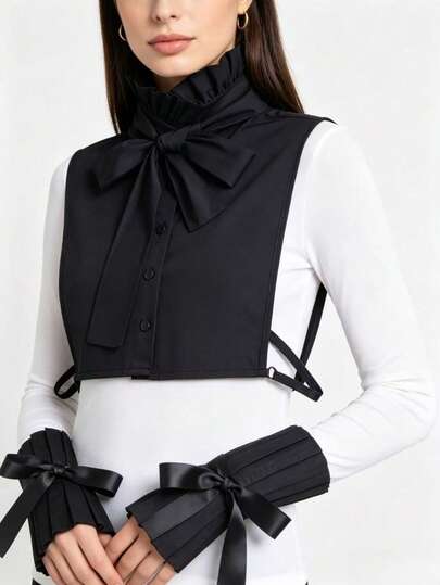 DA FEN QI MI MA 1 Set Black Ruched Detachable Collar And Bow Cuff Set, Victorian Style Faux Collar With Pleated Wrist Cuffs, Suitable For Women's Shirts And Sweaters