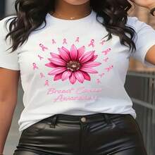 Women's Breast Cancer Awareness T-Shirt, Floral Pink Ribbon Cotton Short Sleeve Round Neck Tee, Casual & Elegant Style - Blanco - Ver 1
