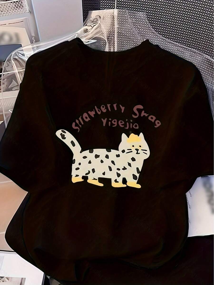 Women's 100% Pure Cotton Short Sleeve T-Shirt With Kitten Print - Casual And Modern Crew Neck T-Shirt, Versatile And Adorable With Animal Design - 黑色 - 查看 1