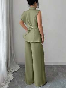 Elenzya Traje formal elegante de mujer color albaricoque, conjunto de blazer con cuello de volantes de organza con lentejuelas y cintura con lazo, que incluye chaqueta sin mangas y pantalones rectos, color burdeos, adecuado para Halloween, Navidad, Año Nuevo, ceremonia de graduación, boda y otras ocasiones. - Verde - Ver 2