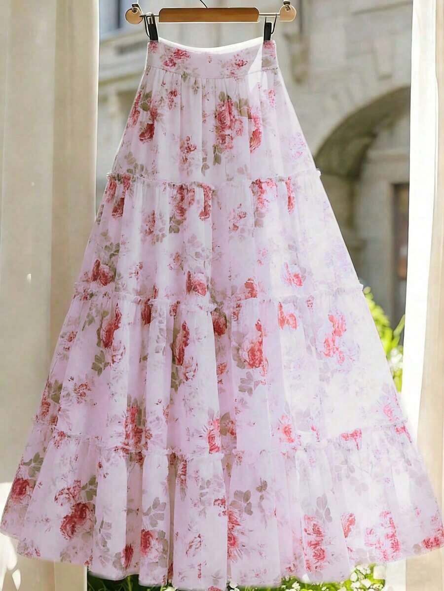 Falda de mujer de verano con estampado floral y parches superpuestos - Morado - Ver 1