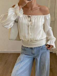 Lucivie Blusa blanca elegante y casual de hombros descubiertos para el verano - Blusa de manga larga con volantes y puños a rayas transparentes con lazo delantero, perfecta para vacaciones en la playa, fiestas y uso diario casual, conjunto elegante casual para vacaciones en la playa y eventos de noche, versátil para vacaciones de verano, fiestas y ropa de estar en casa - Albaricoque - Ver 3
