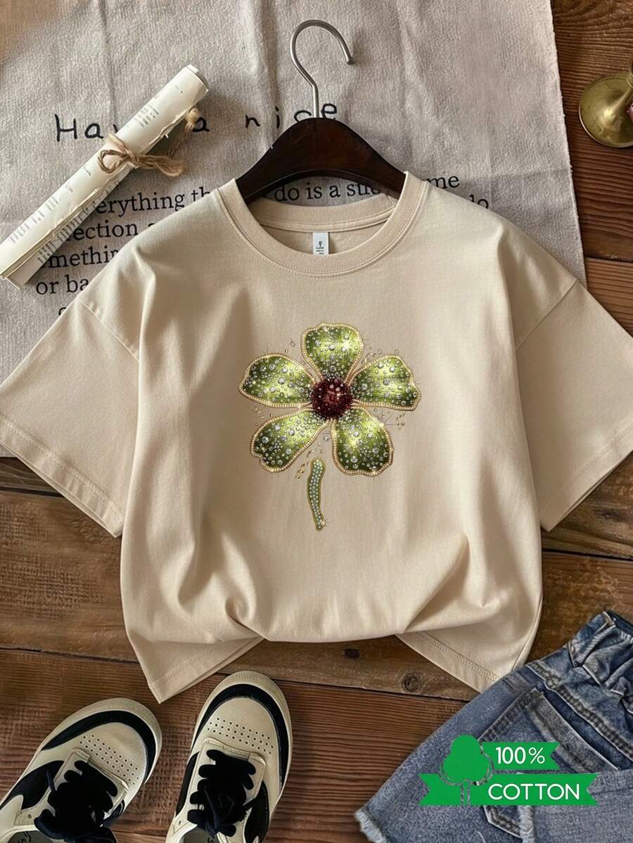 Women's Premium Summer T-Shirt With Fashionable Anime And Letter Prints, Round Neck Design, Simple And Comfortable, Breathable, Ideal For Casual Daily Wear, Shows A Natural And Elegant Style, Essential For Summer Parties, Local Shipping, Four Leaf Clover Shape, Green Leaves. - 杏色 - 查看 1