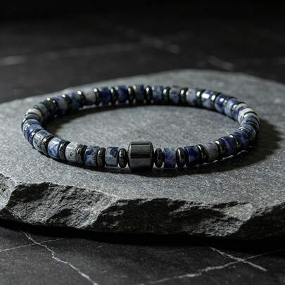 1 chiếc vòng tay co giãn đính hạt đá Sodalite và Hematite tự nhiên, trang sức đá xanh tối giản unisex, phụ kiện đeo nhiều lớp dành cho nam và nữ.