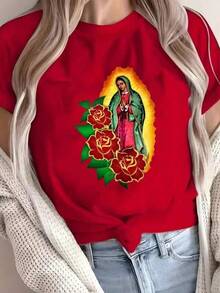 Playera con diseño de la Virgen de Guadalupe, diseño muy colorido, casual de mujer, cuello redondo, manga corta, ideal para todos los días, llamativa, moderna, holgada, ideal para tí o toda la familia, Virgen María2026 - Rojo - Ver 1
