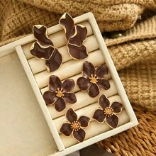6pcs Elegant Retro Brown Floral Drop Earrings Set, Fashionable Versatile For Dates, Parties, Birthdays, Christmas, Daily Wear (No Box) - Style 1 - View 3