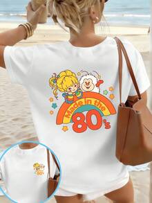 Impresión a doble cara, diseño simple y versátil, camiseta con estampado de arcoíris estilo dibujos animados de los 80, transpirable, fácil de cuidar, corte clásico, estilo retro para primavera y otoño. Camiseta de algodón puro - Blanco - Ver 6