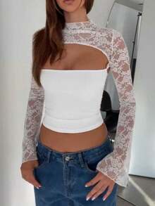 Lace Shrug & Bandeau Set, Sheer High-Neck Long Sleeve Lace Cover-Up With Tube Top - White - View 3