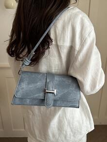 Fashionable Denim Texture Solid Color Asymmetrical Flap Vintage Minimalist Elegant Shoulder Bag - Dark Wash - View 6