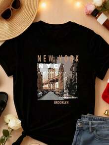 conjuntos de mujer2026Camiseta de manga corta con cuello redondo para mujer 1 pieza 3 colores disponibles Gris Blanco Negro 100% nuevo Estampado gráfico del puente de Brooklyn, Nueva York, Adecuada para uso diario casual, desplazamientos, actividades al aire libre, reuniones con amigos, relajación en casa, atuendos para vacaciones en el campus, Año Nuevo, Camiseta de algodón antiarrugas, camisetas geniales para mujer - Negro - Ver 1
