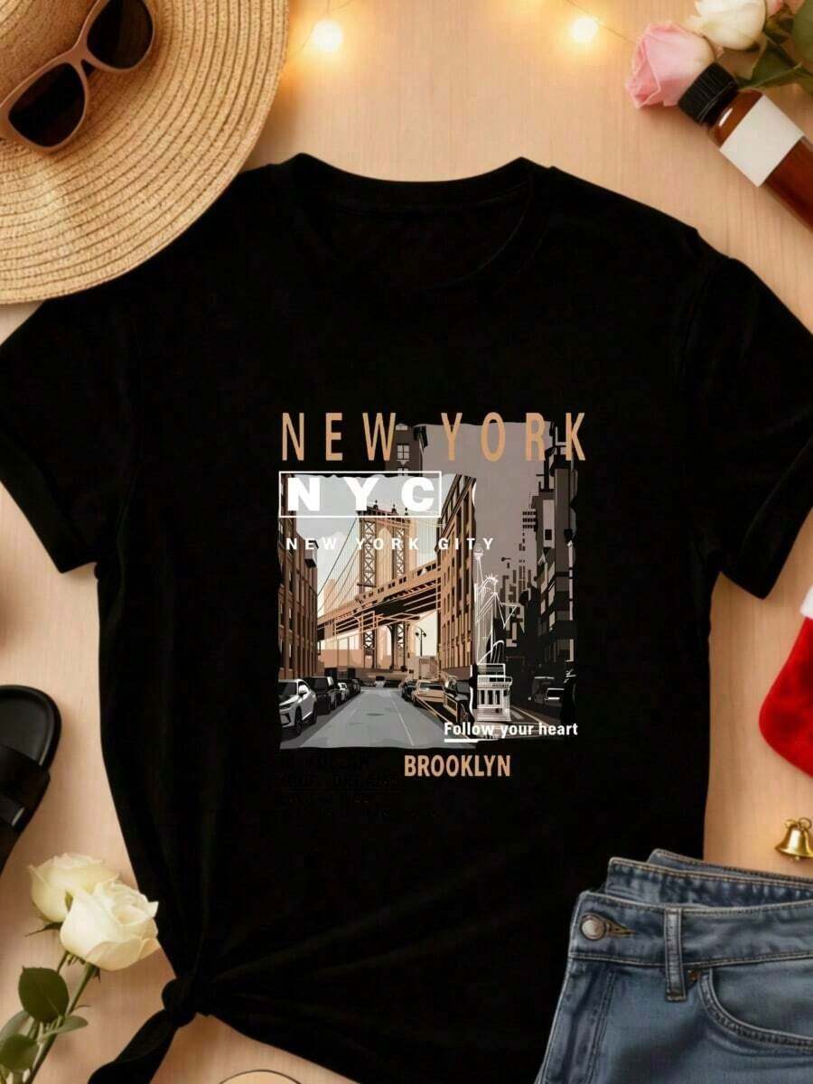 conjuntos de mujer2026Camiseta de manga corta con cuello redondo para mujer 1 pieza 3 colores disponibles Gris Blanco Negro 100% nuevo Estampado gráfico del puente de Brooklyn, Nueva York, Adecuada para uso diario casual, desplazamientos, actividades al aire libre, reuniones con amigos, relajación en casa, atuendos para vacaciones en el campus, Año Nuevo, Camiseta de algodón antiarrugas, camisetas geniales para mujer - Negro - Ver 1