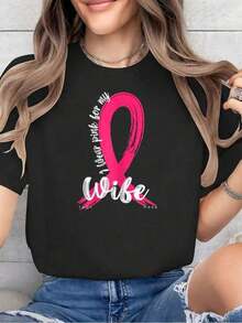 Algodón Camiseta % Algodón I Wear Pink My Wife (Apoyo A La Concienciación Sobre El Cáncer). Camiseta Estampada De Cuello Redondo Para Verano. Camiseta Suave De Manga Corta Para Mujer. Camiseta Elegante Y Cómoda. Camisetas Gráficas. blusas para mujer camisa - Negro - Ver 8