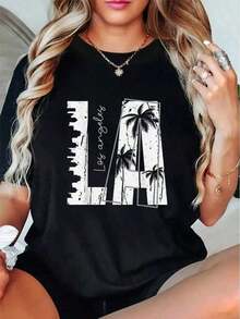 Algodón Camiseta Estampada De Inspiración Vintage De Los Ángeles Para Mujer: Cuello Redondo Informal, Manga Corta, Transpirable, 180 G, % Algodón. blusas para mujer camisa - Negro - Ver 7