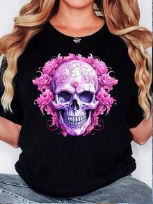 ropa de mujer Moda de temporada, Camiseta de Halloween con calavera para mujer, Diseño floral rosa y cristal morado, Top casual de manga corta con cuello redondo, Perfecto para primavera y verano, camisas de mujer - Negro - Ver 1