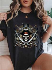 Women's Clothing: Casual T-Shirt With Pirate Skull, Sword, Ship, And Flag Print, Suitable For All Seasons

- Women's Shirts - 黑色 - 查看 6