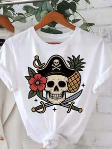 ropa de mujer Camiseta casual de cuello redondo con diseño gráfico tropical y calavera pirata para mujer de talla grande, con calavera, piña y espadas. Esta camiseta es lavable a máquina y perfecta para uso diario o fiestas de Halloween. camisas de mujer - Blanco - Ver 6