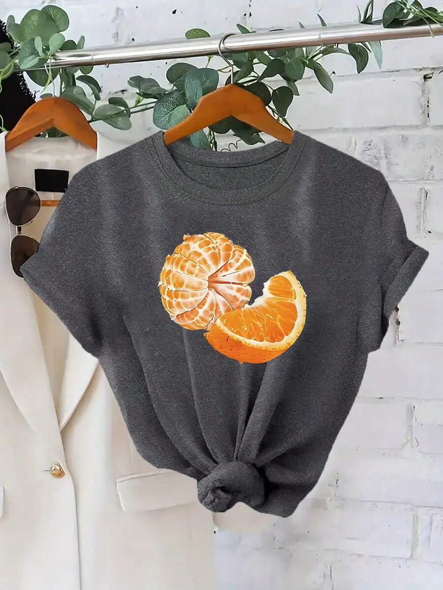 Talla Grande, Novedad de Verano, Camiseta Casual de Moda para Mujer con Estampado de Rodaja de Naranja y Pulpa, Ropa Elegante para Mujer - Gris Oscuro - Ver 1