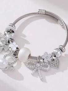 1pc Elegant Rhinestone & Faux Pearl Charming Cat Bow Pendant Beaded Stainless Steel Bracelet, Suitable For Women, Party & Valentine's Day Gift - Charming Cat Bow - View 3