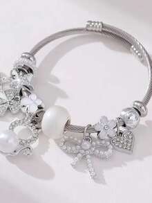 1pc Elegant Rhinestone & Faux Pearl Charming Cat Bow Pendant Beaded Stainless Steel Bracelet, Suitable For Women, Party & Valentine's Day Gift - Charming Cat Bow - View 5