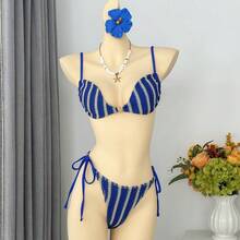 Traje de Baño de Dos Piezas Estilo Bandeau con Cuello Halter y Rayas, Sexy, para Vacaciones en la Playa, Estilo Ins, 2026 - z26027 Bikini individual - Rosa - Ver 4