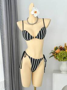 Traje de Baño de Dos Piezas Estilo Bandeau con Cuello Halter y Rayas, Sexy, para Vacaciones en la Playa, Estilo Ins, 2026 - z26027 Bikini individual - Rosa - Ver 9