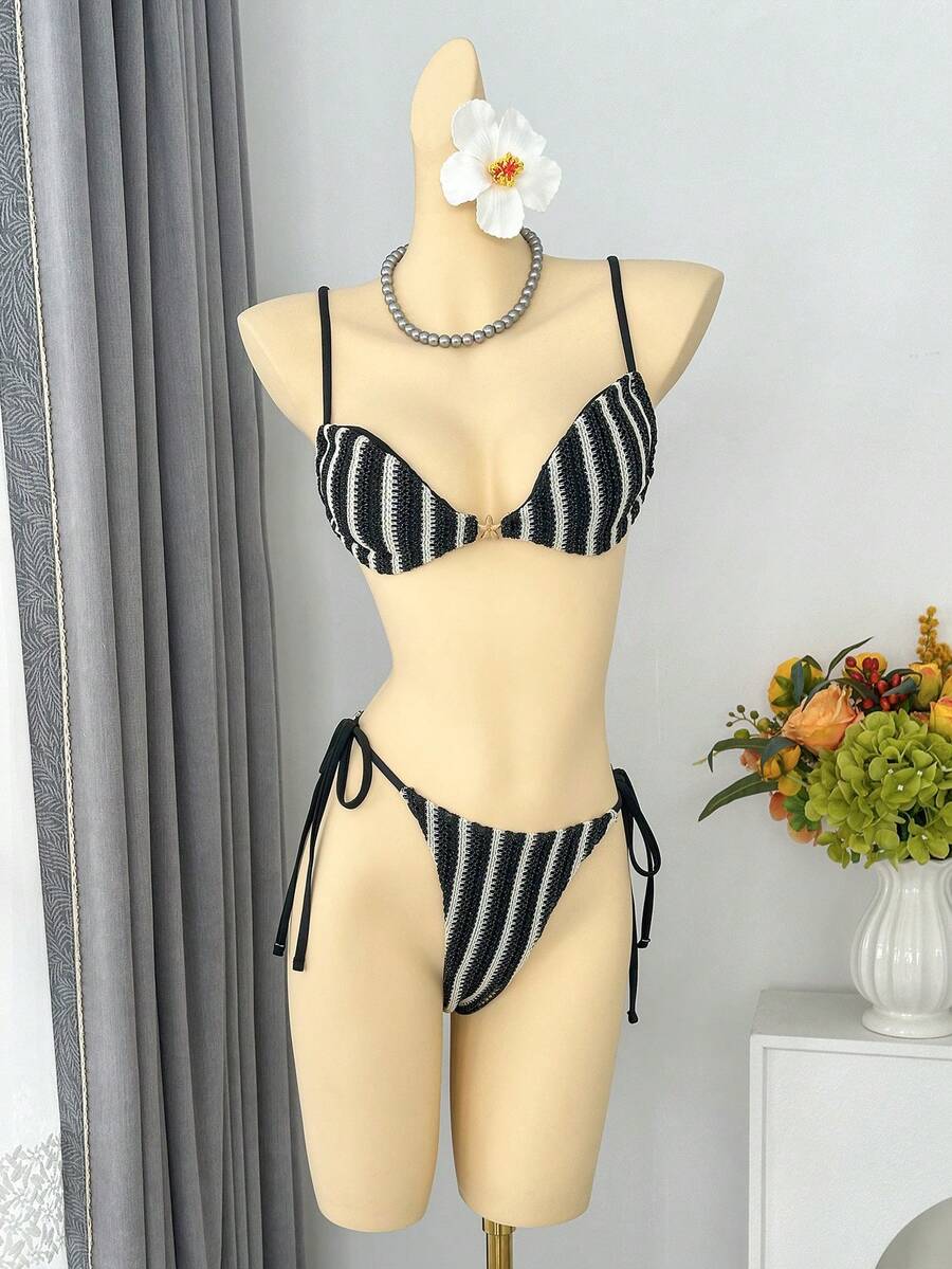 Traje de Baño de Dos Piezas Estilo Bandeau con Cuello Halter y Rayas, Sexy, para Vacaciones en la Playa, Estilo Ins, 2026 - z26027 Bikini individual - Negro - Ver 1
