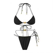 Traje de baño sexy de dos piezas para mujer, con tirantes triangulares, cordón elástico de color sólido y accesorio de mariposa. - Negro - Ver 1
