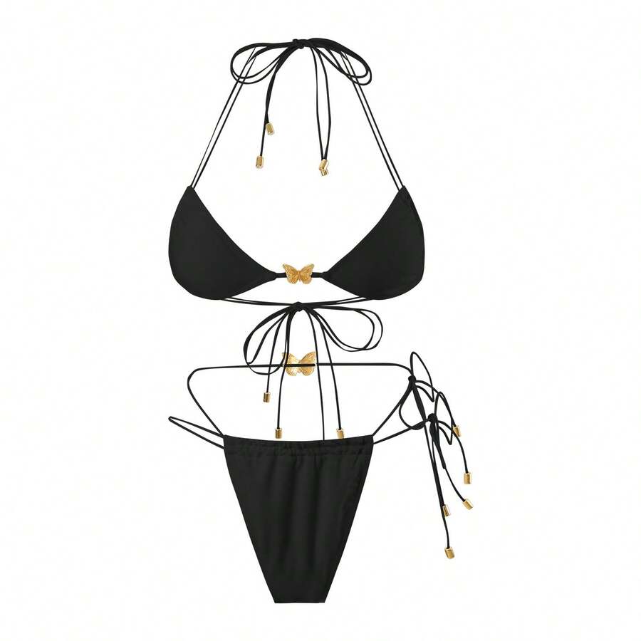 Traje de baño sexy de dos piezas para mujer, con tirantes triangulares, cordón elástico de color sólido y accesorio de mariposa. - Negro - Ver 1