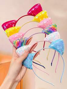 6/3/1 Pcs Shiny Sequin Cat Ear Headbands Set, Available In Dreamlike Pink, Mysterious Purple, Energetic Red, And Vibrant Rainbow Colors. Exquisite Craftsmanship - Suitable For Girls And Teenagers, Whether For Theme Parties, Anime Conventions, Birthdays, Vacations, Or Daily Styling, Wearing Them Will Instantly Add A Playful And Cute Vibe, Making You The Center Of Attention. - Multicolor - View 1