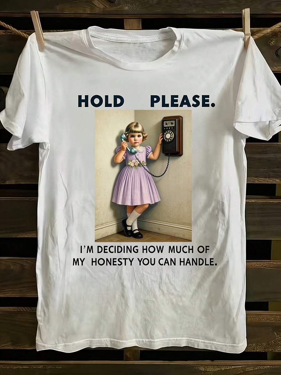 Camiseta de cuello redondo con estampado de teléfono vintage en talla grande, top de verano para mujer, casual y cómoda para el uso diario, adecuada para el hogar, salidas, citas, vacaciones, el Día de la Madre, ceremonias de graduación, Pascua, Eid y atuendos para días de juego. - Blanco - Ver 1