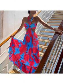 Women's Rainbow Tie-Dye Dress With A Flowing Maxi Skirt, Open Back, High Waist, Lightweight Fabric Ideal For Summer, Boho Beach Style Perfect For Vacations, Travel And Days At The Beach - 藍色 - 查看 2
