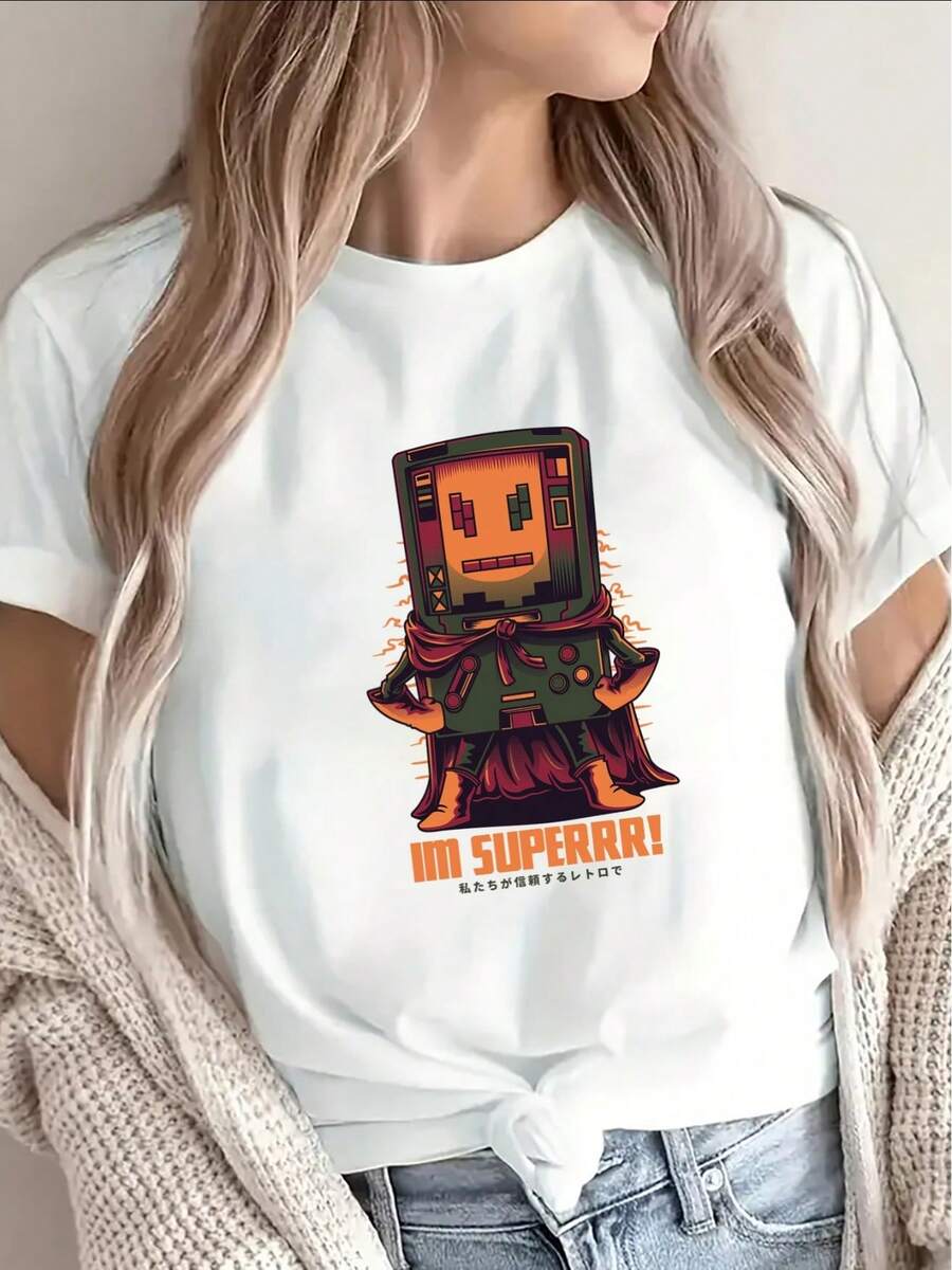 Camiseta de manga corta de poliéster para mujer, con un llamativo estampado de robot y la frase "I'M SUPERB", fondo negro, diseño vibrante, adecuada para uso casual diario. - Blanco - Ver 1