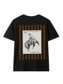 Camiseta de Mujer Estilo Vaquero Occidental, Camiseta para Vacaciones, Camiseta de Verano para Mujer, Camiseta Casual de Manga Corta con Cuello Redondo, Negra - Negro - Ver 5