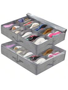 1pc 12-Grid Foldable Fabric Shoe Box With Transparent Cover And Dual Handles - Non-Woven Material Under Bed Shoe Storage Box, Stackable To Save Space, Suitable For Sneakers, High Heels, Socks, Closet, Dorm And Bedroom - Dark Grey - View 5