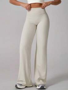 2026 TimeOff 1 pieza Pantalones deportivos de mujer minimalistas con cintura elástica, estampado de letras, pierna recta y ancha, efecto levantador V-Shape, primavera - Albaricoque - Ver 8